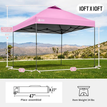 CROWN SHADES Adjustable Height on The Fly, 10x10 Pop Up Canopy - Beach Tent with One Push Setup - Easy Outdoor Sun Shade for Events, Parties, Camping - Outside Shade with STO-N-Go Bag, Pink