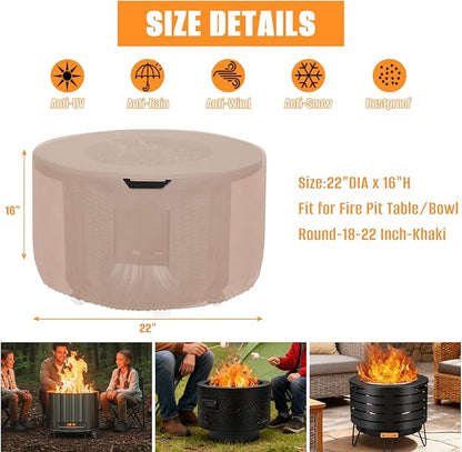 Kovshuiwe Round Fire Pit Cover-600D Fabric Waterproof and Resistant Material，Fits Outdoor For 18-22 Inch Fire Pit /Table Cover, Patio Fire Bowl Cover-22"DIA x 16"H, Khaki