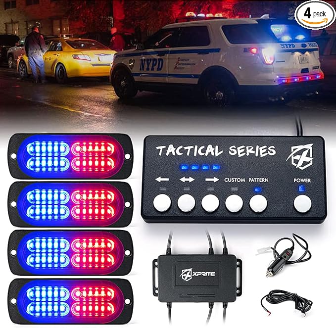 Xprite 24 LED Surface Mount Strobe Lights Kit with Control Panel, Grill Grille Flashing Emergency Warning Police Side Marker Light for Trucks Vehicles ATV RV Cars Van Red Blue, 4PCS