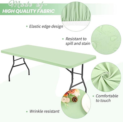 10 Pack Stretch Fabric Table Top Cap Cover, Sage Green Table Covers fits 6Ft Tables, Washable Elastic Universal Rectangle Tablecloth Protector for Indoor Outdoor Party Picnic Wedding (30" W x 72" L)