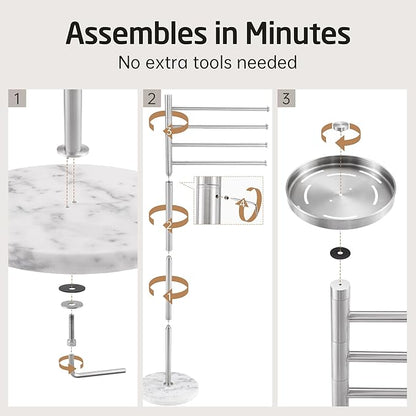 KES Hot Tub Towel Rack Outdoor with 1.5X Heavier Natural Marble Weighted Base, Pool Towel Rack with 360° Adjustable Arms & Storage Tray, 18/8 Stainless Steel, Brushed Steel, OTR203-2