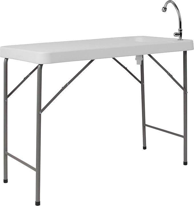 Flash Furniture Wesley 4' Portable Fish Cleaning Table with Sink, Outdoor Portable Folding Camping Sink Table with Faucet, and Hose Attachment, White