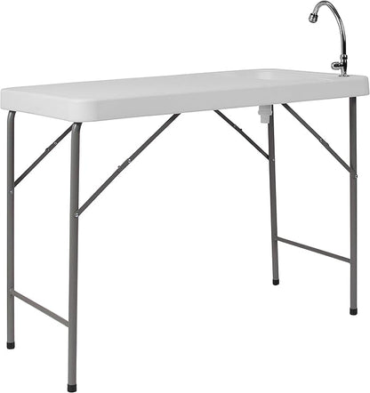 Flash Furniture Wesley 4' Portable Fish Cleaning Table with Sink, Outdoor Portable Folding Camping Sink Table with Faucet, and Hose Attachment, White