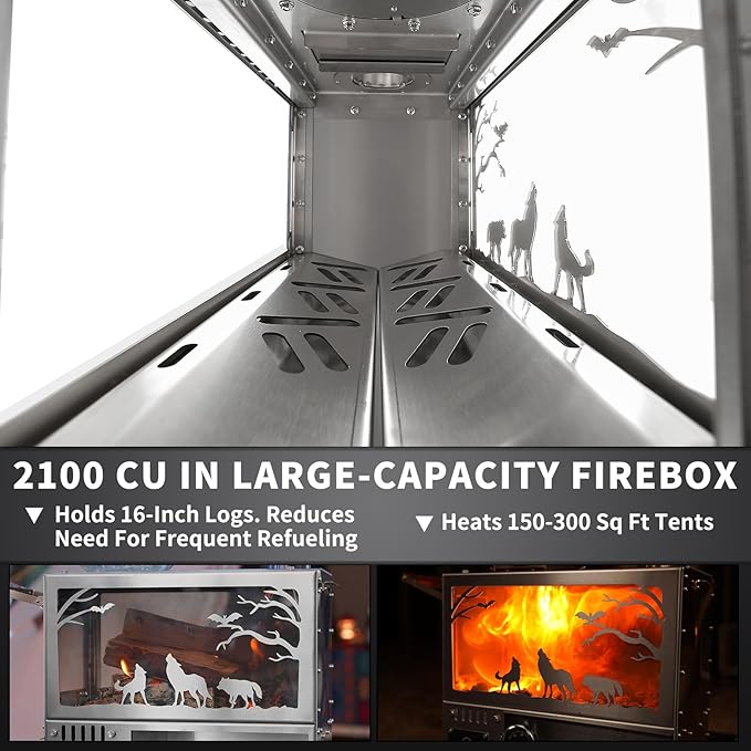 Heavy Duty M8 Wood Burning Stove with Oven, 2100 Cu In Large Firebox, 4 Air Inlets, Stainless Steel, Foldable Base & Ash Drawer, 6-Piece Chimney Pipe Kit for Outdoor Cooking, Camping, Off-Grid