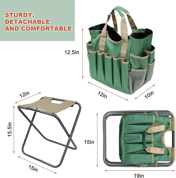 Folding Gardening Stool with Detachable Storage Tote Bag, Gardening Tools Set - Image 3