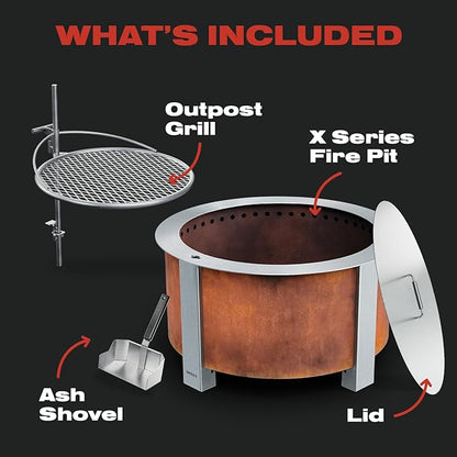 Breeo Smokeless Fire Pit Grilling Bundle (X Series 24 Corten Steel, Outpost Grill, Ash Shovel, & Lid) | 27.5 inch Smokeless Firepit for Outside | Ideal for Families, Gifts for Dad