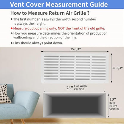 24"W x 10"H [Duct Opening Size] Steel Return Air Grille, Air Return Vent Cover for Ceiling and Sidewall - HVAC Air Vent Covers - [Outer Dimensions: 25.75"W x 11.75"H]