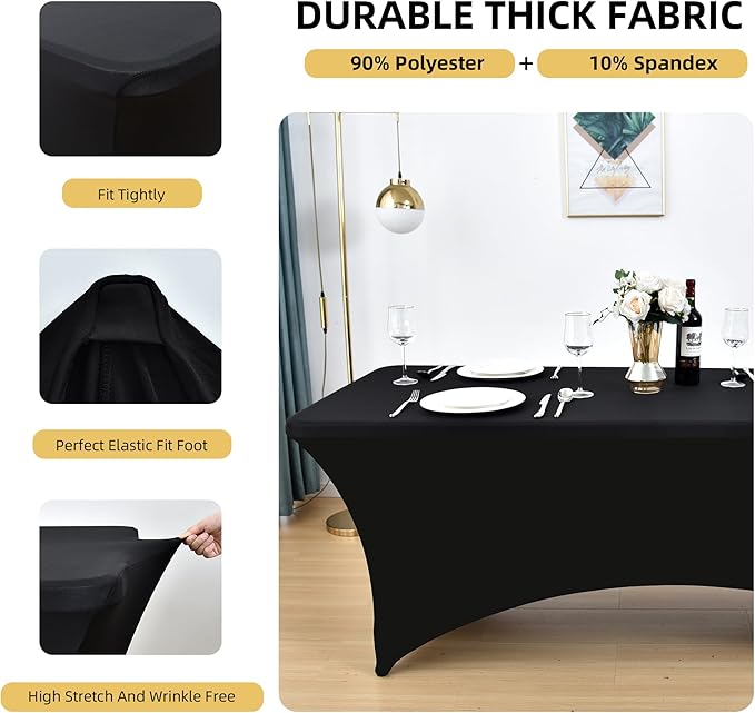 2-Pack 8ft Black Spandex Table Covers for Rectangle Folding Tables - Washable Elastic Tablecloth - Ultimate Fitted Table Protector for Birthday Parties, Trade Shows, Banquet