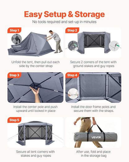 VEVOR Pop up Gazebo Screen Tent, 12 x 12 ft Large 6-Sided Camping Canopy Tent - Image 5