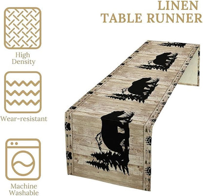 Rustic Woodland Table Runner, Forest Animals Country Lodge Cabin Wild Bear Table Runner for Dining Kitchen Home Holiday 13x90in