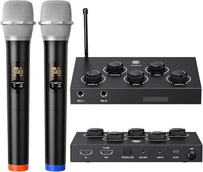 Wireless Microphone System, Dual UHF Portable Karaoke Microphone, HDMI & AUX in/Out, Optical Out, Stable Signal, 100ft Range – Wireless Mic for Singing, Karaoke, Church, Smart TV, PC, PA Speaker