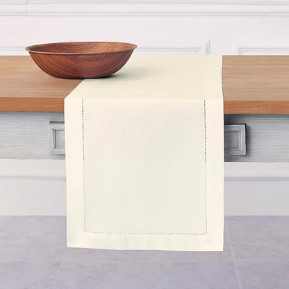 Solino Home Ivory Table Runner 132 Inches Long - Cotton Linen Hemstitch Extra Long Table Runner 14 x 132 Inch for Spring, Easter