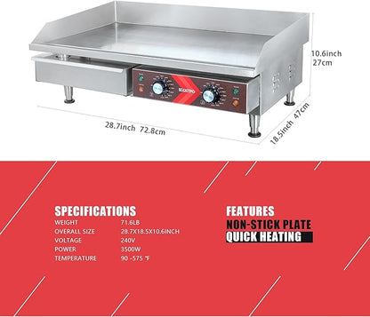 EGGKITPO Commercial Electric Griddle 29 Inch Large Countertop Griddle Non-Stick Flat Top Grill Stainless Steel Teppanyaki Griddle with Adjustable Temperature 90℉-575℉ for Restaurant Use 240V 3500W