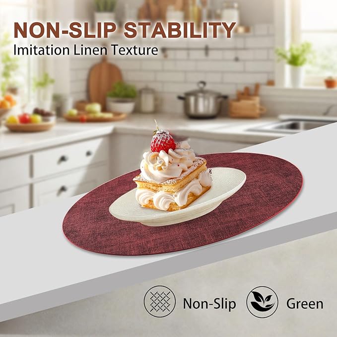 Round Faux Leather Placemats and Coasters, Set of 6, Reversible Heat Resistant Non-Slip Table Mats, Waterproof Wipeable Place Mats for Dining Table, Washable for Indoor & Outdoor (6, Red)