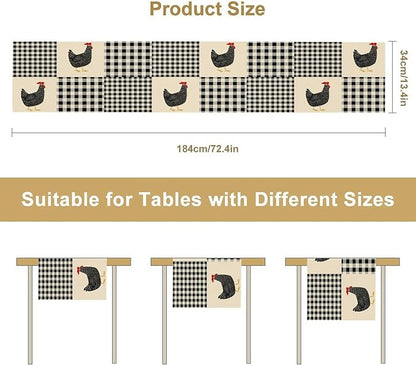 Farm Animal Table Runner, Chicken Hen Black White Buffalo Plaid Check Farmhouse Chick Table Runner for Home Kitchen Holiday Dining Party 13x90in