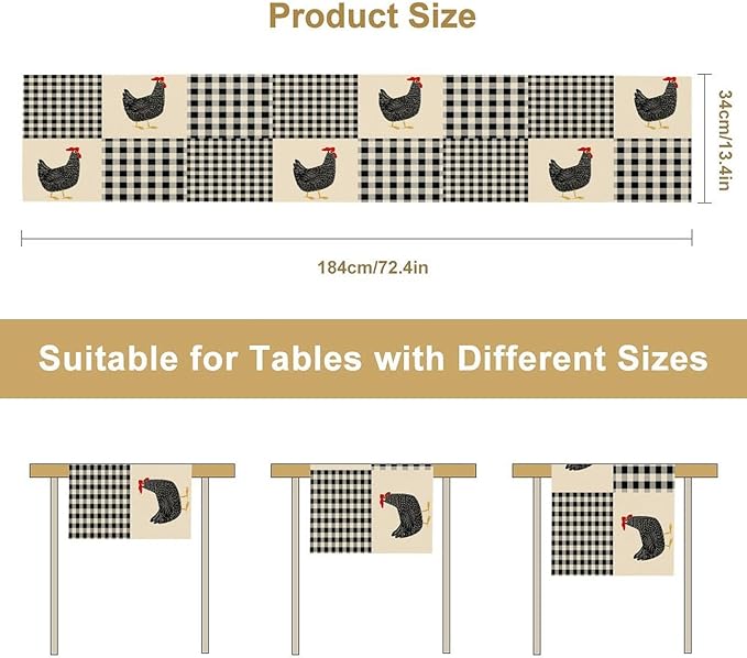 Farm Animal Table Runner, Chicken Hen Black White Buffalo Plaid Check Farmhouse Chick Table Runner for Home Kitchen Holiday Dining Party 13x60in