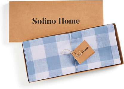 Solino Home Linen Checkered Table Runner 144 Inches Long - 100% Pure Linen Buffalo Check Chambray Blue and White Table Runner 14 x 144 Inch Ideal for Dining, Winter, Spring, Easter