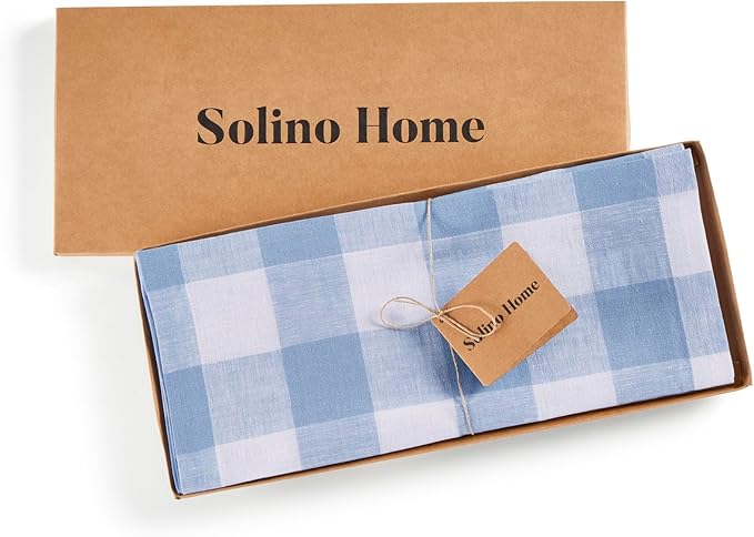 Solino Home Linen Checkered Table Runner 36 Inches - 100% Pure Linen Chambray Blue and White Buffalo Short Table Runner 14 x 36 Inch Ideal for Dresser and Coffee Tables - Spring, Easter