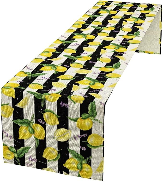 Farmhouse Lemon Fruit Table Runner Nature Aesthetic Black White Stripe Flowers Plant Dining Table Decoration for Home Holiday Party Dresser Kitchen Cabin Restaurant Wedding Decor 13×108in