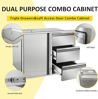Outdoor Kitchen Door Drawer Combo Cabinet 28" W x 22" H x 19.5" D Stainless Steel Built-in Triple Drawers&Access Door Combo Cabinet for Outdoor Kitchen Island