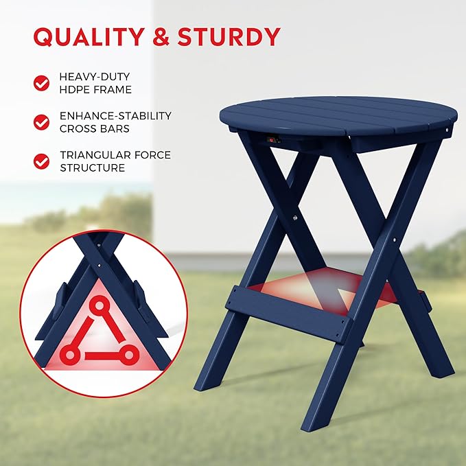 Costaelm Paradise HDPE Outdoor 24.5 Inch Round Portable Folding Patio Dining Table, Navy Blue