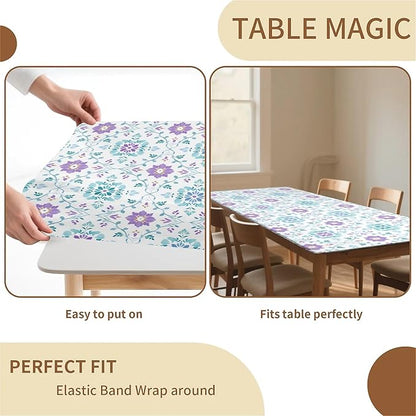 Rectangle Table Cloth Cover Waterproof Elastic Fitted Polyester Fitted Tablecloths for 6 Foot Tables for Indoor,Picnic, Camping, Outdoor （72" x 30"，Geometric Flowers）