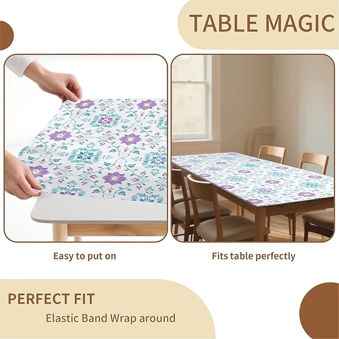 Rectangle Table Cloth Cover Waterproof Elastic Fitted Polyester Fitted Tablecloths for 8 Foot Tables for Indoor,Picnic, Camping, Outdoor （96" x 30"，Geometric Flowers）