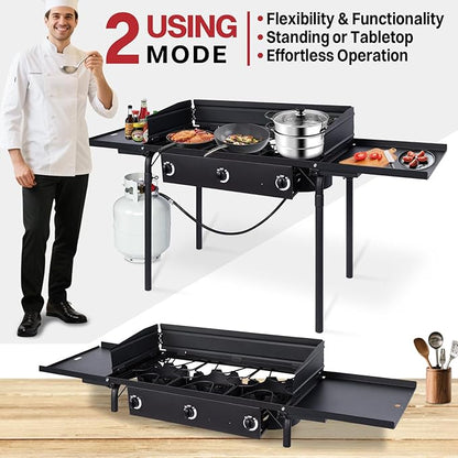 3 Burner Propane Camp Stove | 225,000 BTU Gas Burners | Side Shelves | Windscreen | Waterproof Cover | Detachable Legs | Ideal for Camping Backyard Outdoor Cooking