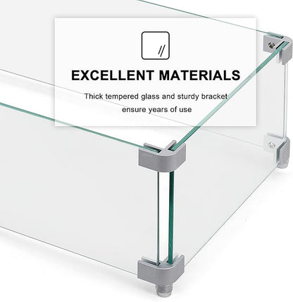 NUU GARDEN 27.6'' x 11.7'' x 6.5" Rectangular Fire Pit Wind Guard, Transparent Tempered Glass, Polished Aluminum Brackets, 3M Anti-Slip Pads, Fit for Best Choice 52-inch Fire Table WG01