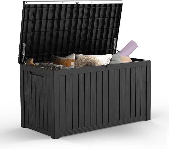Mars Villa 180 Gallon Outdoor Storage Box, Large Waterproof Resin Deck Box for Patio Furniture Cushions, Pool Supplies, Gardening Tools, Lockable Storage Container, Weatherproof, UV Resistant, Black