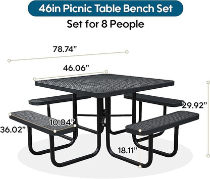 46'' Square Metal Picnic Table for Outdoors, Commercial Steel Metal Picnic Tables, Heavy Duty Sturdy Picnic Tables Furniture Set for Patio Garden Courtyard BBQ, with Umbrella Hole, Black