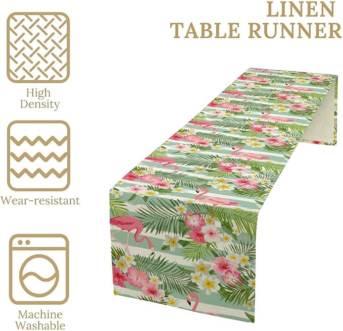 Tropical Flamingo Table Runner,Green White Stripes Palm Leaves Floral Hawaii Seasonal Holiday Celebration Kitchen Dining Table Decoration for Home Party Decor, 13"x72"