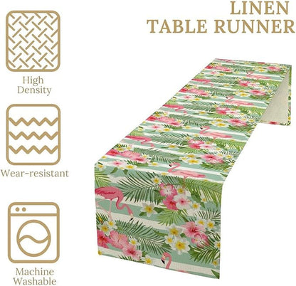 Tropical Flamingo Table Runner,Green White Stripes Palm Leaves Floral Hawaii Seasonal Holiday Celebration Kitchen Dining Table Decoration for Home Party Decor, 13"x90"