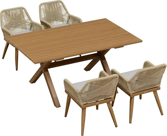 PURPLE LEAF 5 Pieces Outdoor Dining Set All-Weather PE Rattan Outdoor Patio Furniture Set with All Aluminum Frame Rectangular Table and Chairs Set for Lawn Garden Backyard Deck, Teak