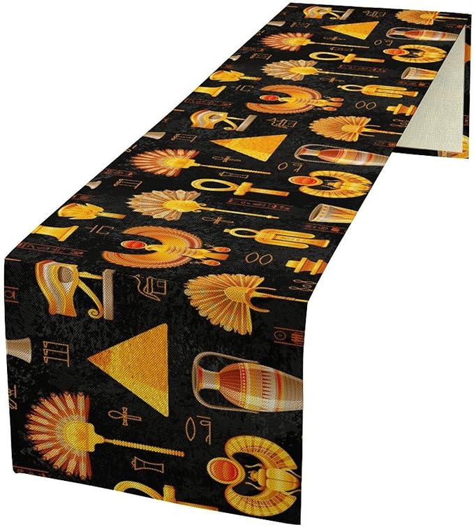 Egyptian Table Runner, Retro Egypt Mural Old Hieroglyphic Elements Ancient Mythology Hieroglyph Symbol Printed Kitchen Dining Table Runner for Kitchen Living Room Home Party 13x120in