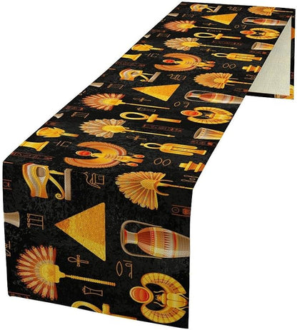 Egyptian Table Runner, Retro Egypt Mural Old Hieroglyphic Elements Ancient Mythology Hieroglyph Symbol Printed Kitchen Dining Table Runner for Kitchen Living Room Home Party 13x90in