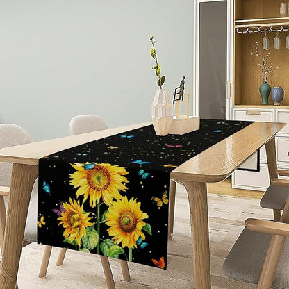 Farmhouse Sunflower Table Runner, Black Starry Spring Yellow Flowers Botanical Butterfly Table Runners for Dining Kitchen Holiday Party Table Decor, 13x36inch