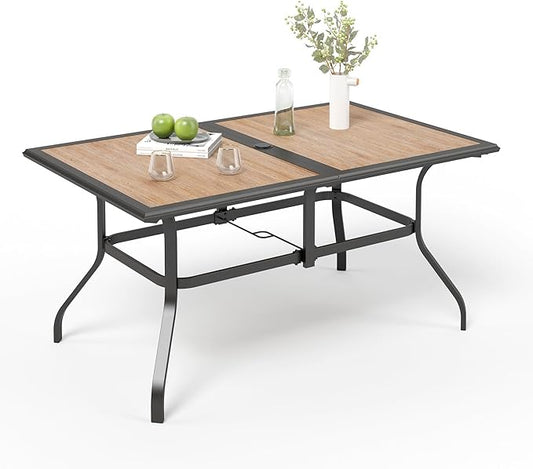 Outdoor Patio Dining Table for 6, 60" x 37" Rectangular Metal Patio Dining Table with Umbrella Hole and Faux Wood Tabletop, All Weather Wrought Iron Black Outdoor Table for Backyard and Porch