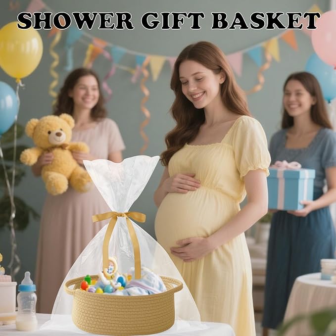 Gift Basket with Gift Bag and Ribbons,Small Rope Woven Shelf Storage,Baskets for Gifts Empty,Birthday,Baby Shower,Decorative Organizer Box with Handles(Jute)
