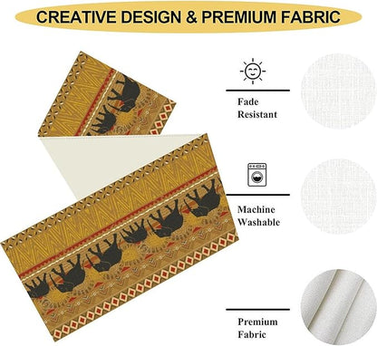 African Tribe Table Runner, Rustic Elephants Tribal Boho Diwali India Traditional Ethnic Folk Yellow Coffee Table Center Decor for Home Kitchen Room Holiday Party Outdoor Table Decorations, 13"x72"