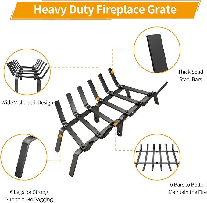 Fireplace Grate, 27 inch Solid Fireplace Log Holder, Heavy Duty Cast Iron Firewood Log Burning Rack Fire Grates for Inside Fireplace Accessories