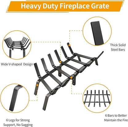 Fireplace Grate, 30 inch Solid Fireplace Log Holder, Heavy Duty Cast Iron Firewood Log Burning Rack Fire Grates for Inside Fireplace Accessories