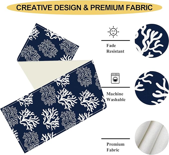 Coastal Table Runner, Summer Seasonal Beach Navy Blue Coral Nautical Tropical Ocean Marine Farmhouse Rustic Table Center Decor for Home Kitchen Dining Patio Indoor Outdoor Decorations, 13"x108" Inch