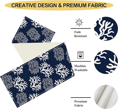 Coastal Table Runner, Summer Seasonal Beach Navy Blue Coral Nautical Tropical Ocean Marine Farmhouse Rustic Table Center Decor for Home Kitchen Dining Patio Indoor Outdoor Decorations, 13"x90" Inch