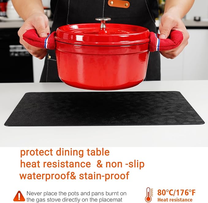 Vinyl Placemats Set of 12 Heat Resistant Easy Clean Non-Slip Place Mats for Dining Table. Faux Leather Waterproof Stain Resistant Wipeable Washable PU Table Mats(12, Black)