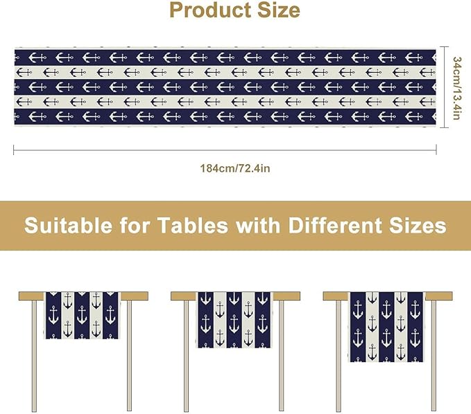 Nautical Anchor Table Runner, Ocean Beach Coastal Beach Stripe Background Theme Table Runner for Dining Kitchen Party Holidays Home 13x120in