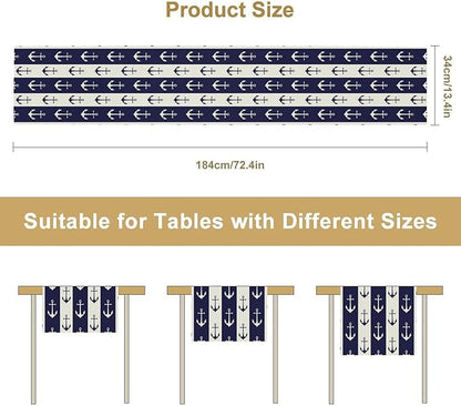 Nautical Anchor Table Runner, Ocean Beach Coastal Beach Stripe Background Theme Table Runner for Dining Kitchen Party Holidays Home 13x70in
