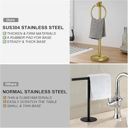 Hoimpro 17 Inch Stand Hand Towel Holder Towel Bar Towel Hanging Ring, Free Standing Floor Hand Towel Rack Storage for Bathroom Kitchen Vanity Countertops, Hardware Accessories(Brushed Gold)