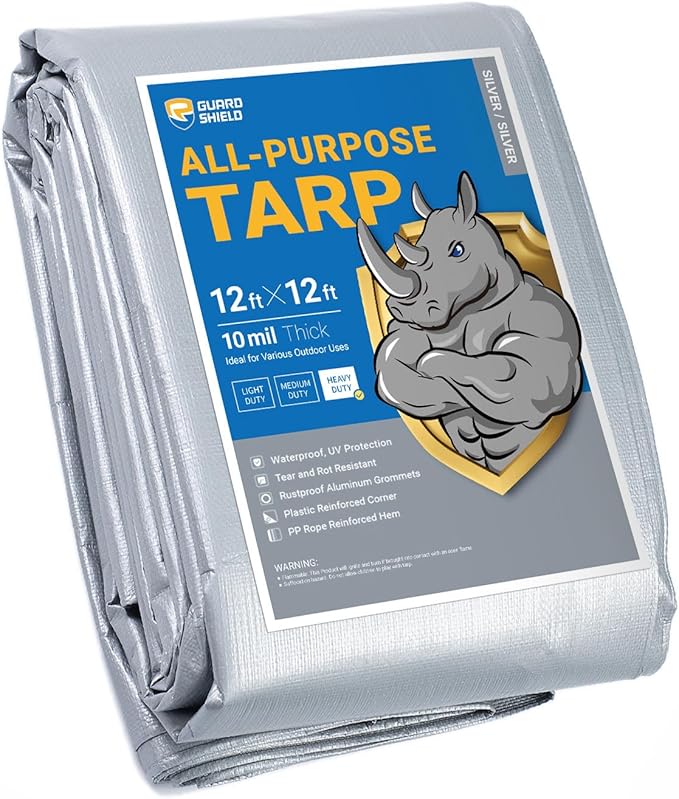 GUARD SHIELD Heavy Duty Tarp 12x12 Feet Silver Multi Purpose Thick Waterproof Poly Tarp Cover 10mil