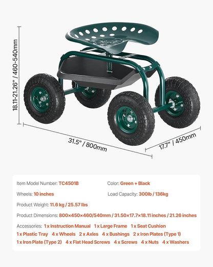 VEVOR Rolling Garden Cart with Swivel Seat, Heavy Duty Garden Seat with Storage - Image 7